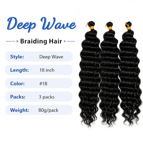 18 Inch Deep Wave Crochet Hair - Soft & Lightweight Synthetic Braiding Hair, 1B (3 Packs)