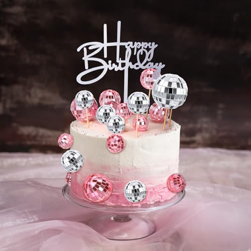 Disco Ball Cupcake Toppers - 24 Pcs Pink & Silver Party Decor