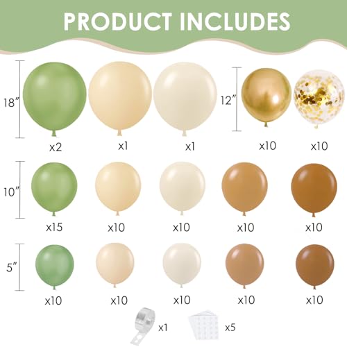 Sage Green & Brown Balloon Arch Kit - 129pcs Latex Jungle Decor