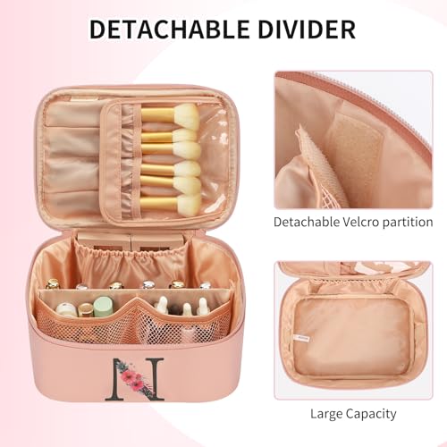 Personalized Initial Makeup Bag - Pink Travel Organizer with Brush Holder