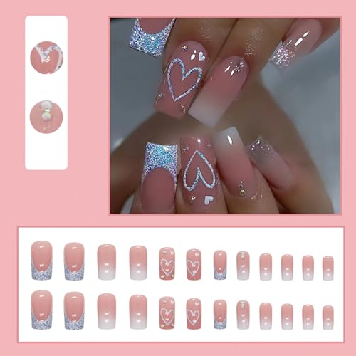 Medium Length French Tip Press-On Nails with Blue Glitter & Rhinestones - 24pcs