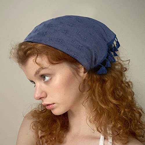 AWAYTR Floral Tassels Hair Scarf Headband - 2PCS Cotton Bandana (Navy Blue+White)