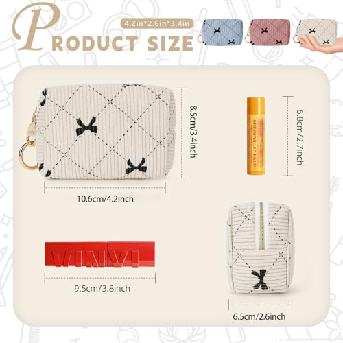 Playexen Light Pink Bow Tie Corduroy Mini Makeup Bag for Purse, Travel & Gift