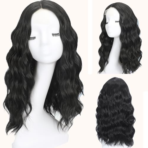 Black Wavy Wig for Women - 18 Inch Medium Length Synthetic Hair