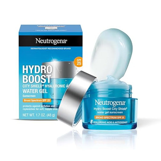 Neutrogena Hydro Boost City Shield Water Gel Face Moisturizer with Broad Spectrum SPF 25 Hydrating Facial Sunscreen with Hyaluronic Acid Oil Free and Noncomedogenic Face Lotion, 1.7 oz