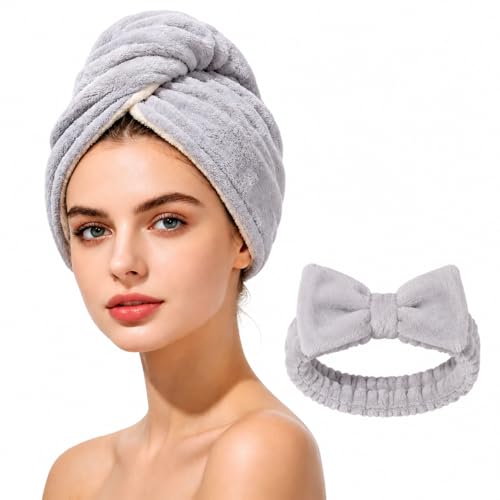 Phloeva Grey Microfiber Double-Layer Hair Towel - Thick & Quick Dry Turban for Women