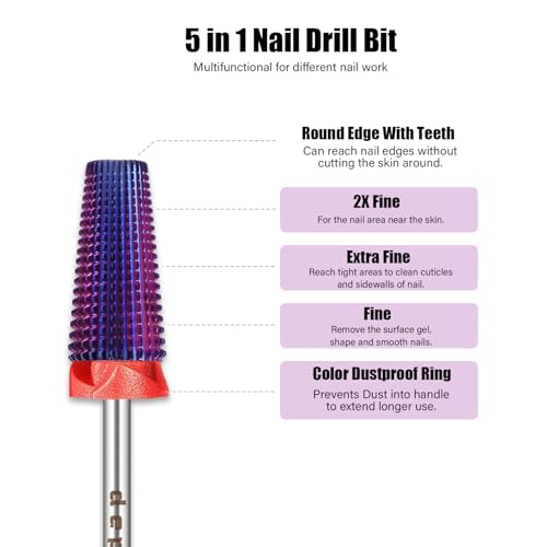 Depvko 5-in-1 Nail Drill Bits Purple Fine-F 3/32" Carbide Two-Way Rotation