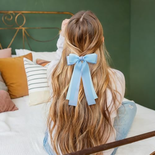 GiLi 3PCS Colorful Hair Bows for Women Girls - White Blue Pink Ribbon Clips