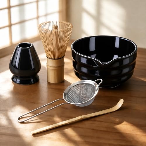 Complete Matcha Whisk Set with Black Ceramic Bowl - 5-Piece Kit
