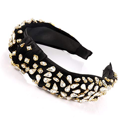 CENAPOG Black Rhinestone Knotted Velvet Headband for Women and Girls