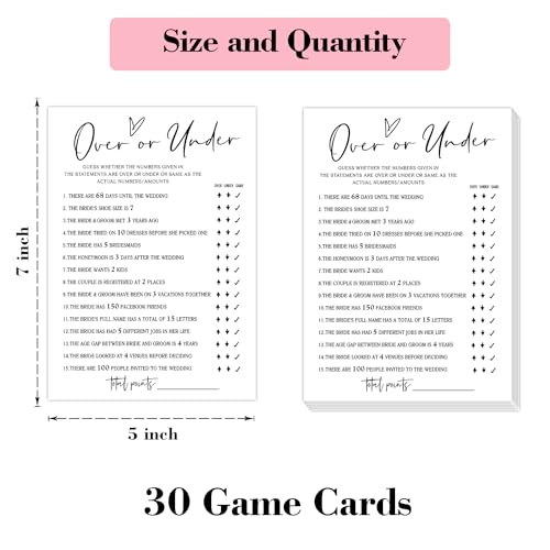 Over or Under Wedding Game Cards - 30 Pack for Bridal Showers & Engagement Parties