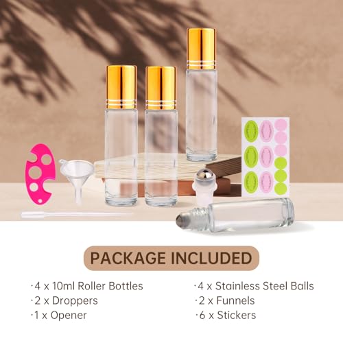 10ml Clear Glass Roller Bottles for Essential Oils - 4 Pack