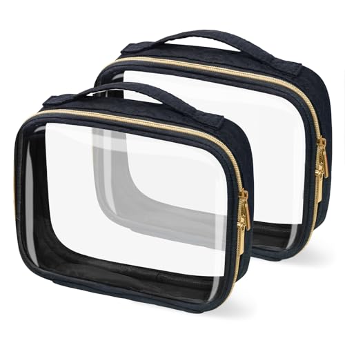 Travel Toiletry Bags 2 Pack Clear with Handles - 180° Opening, Large Set, Black