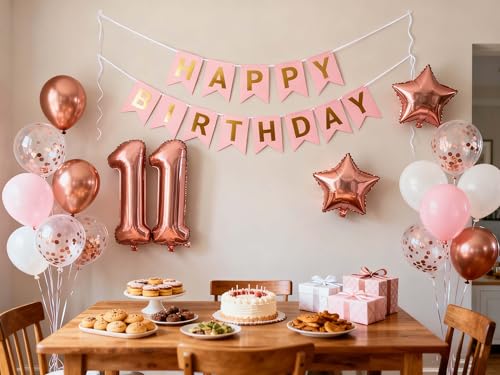 Rose Gold 11th Birthday Balloon Decorations Set for Girls