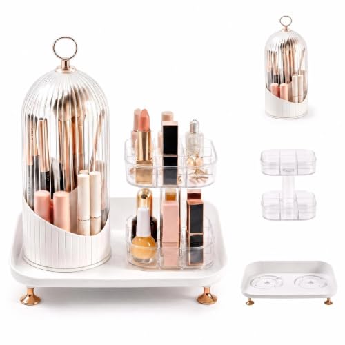 360° Rotating Makeup Brush Organizer with Lid – Acrylic Storage with 2 Trays