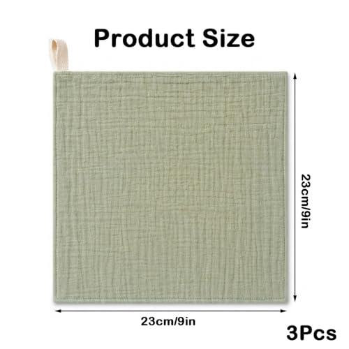3-Pack Reusable Cotton Face Wash Cloths - Soft Muslin Towels 9x9in