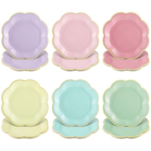 60 Pastel Paper Plates, 7-Inch Scalloped Dessert Plates with Gold Rim