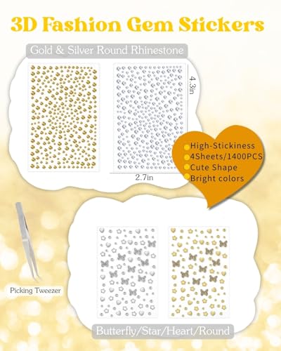Maffuno Gold & Silver Face & Body Glitter Set with Gems for Women, 6 Glitter Gels & 4 Adhesive Sticker Sheets