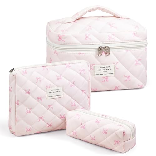 3pcs Pink Slimbow Cotton Quilted Makeup Bag Set for Travel