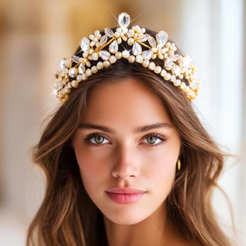Yean Gold Crystal Wedding Tiara with Pearls and Flowers for Bridal Hair Accessories