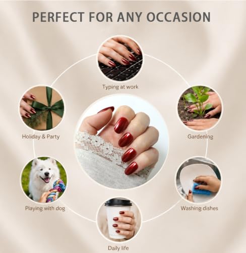 MKM Short Oval Reusable Press On Nails - Glossy Ruby Red Full Cover Fake Nails Kit for Women
