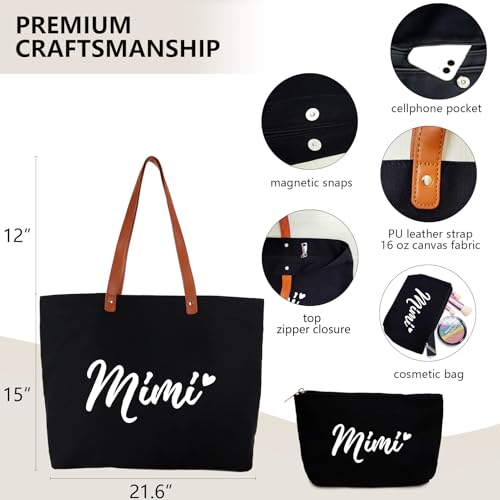 Lamyba Mother's Day Tote Bag with Makeup Bag - Gigi Nana Mimi Grandma Gift - Black - Mimi-Black