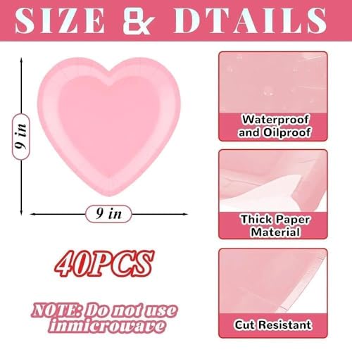 40-Pack Pink Heart Shaped Disposable Plates - 9 Inch Party Supplies