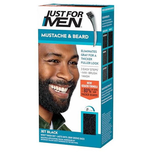 Just For Men Mustache & Beard Multiple Uses Beard Coloring for Gray Hair with Brush, With Keratin Biotin Aloe and Coconut Oil for Healthy Facial Hair - Jet Black, M-60, Pack of 1
