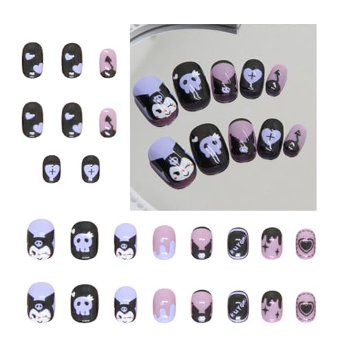 24PCS Black Rabbit Short Press On Nails - Kawaii Anime Design