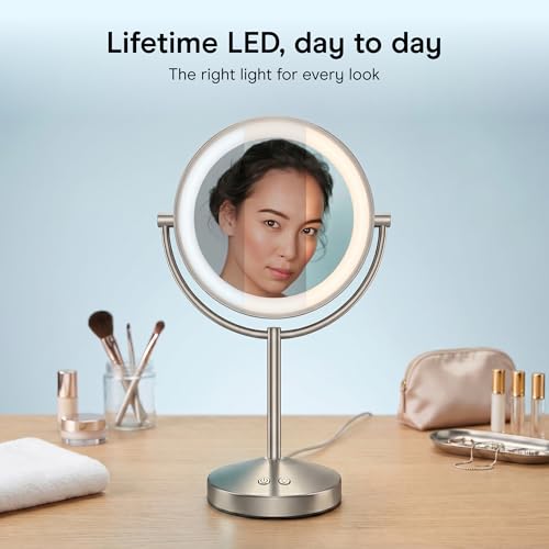 Conair Double-Sided 1X/10X Magnifying LED Vanity Mirror | 1X/10X double-sided mirror with 3 LED color modes and 360¡Æ rotation, Satin Nickel, Model BE401X23