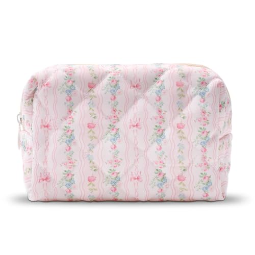 Quilted Floral Makeup Bag - Pink Cotton Cosmetic Pouch for Women