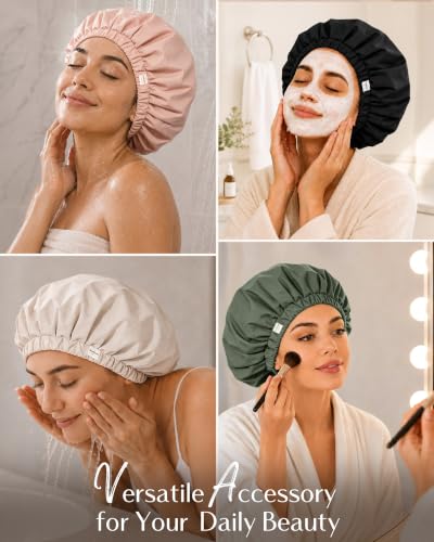 YANIBEST Adjustable Shower Cap with Fleece Lining - Large Peachy Pink