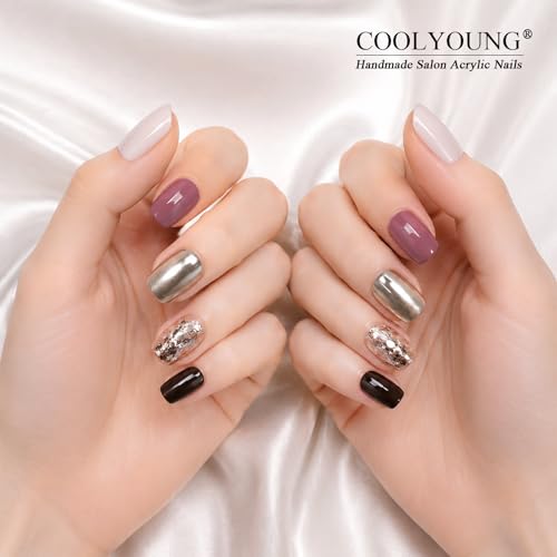 COOLYOUNG 25PC Short Glitter Fake Nails Reusable Soft Gel Acrylic Mix - Fit All / Sweet Edgy Glitter