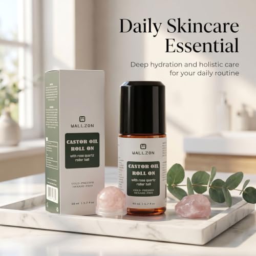 WALLZON Organic Cold-Pressed Castor Oil Roll-On with Rose Quartz Roller