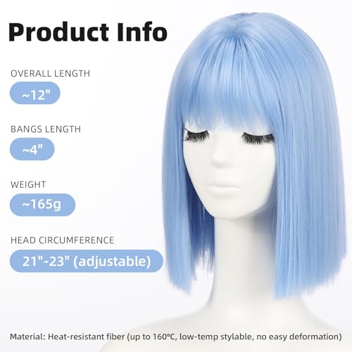 Sky Blue Short Bob Wig for Women 12 Inch Heat-Resistant Synthetic Hair for Daily & Party Use