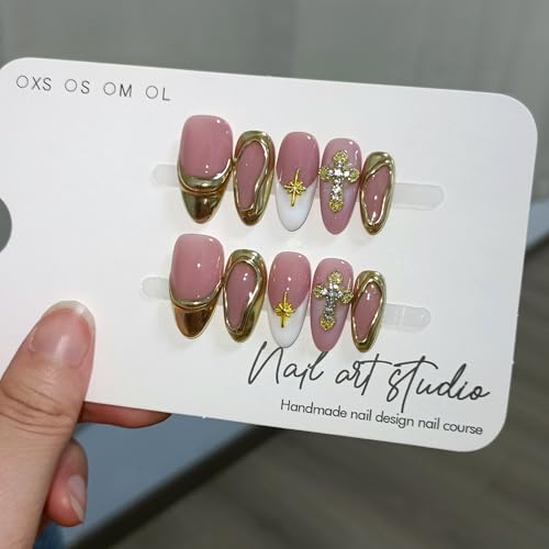 Almond Press On Nails XS - Platinum French 3D Cross Charm
