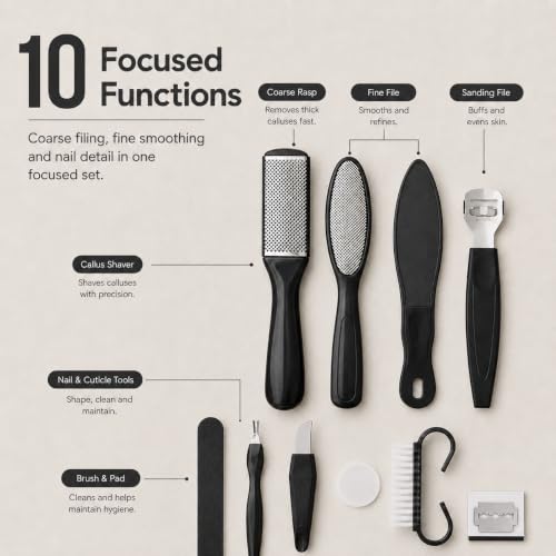 10-in-1 Pedicure Kit with Callus Shaver & Foot Files - Black
