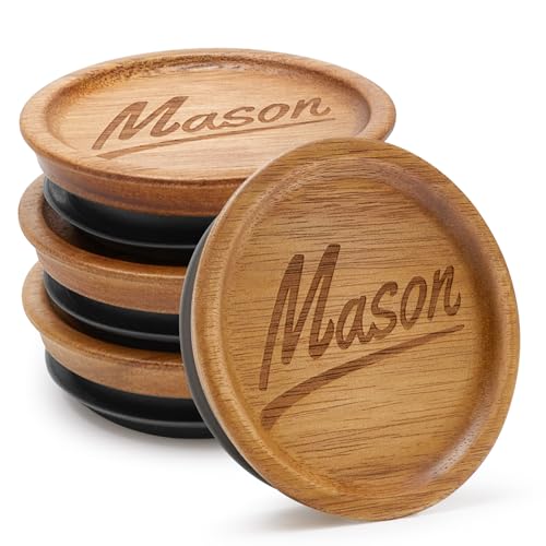 4 Pack Wide Mouth Mason Jar Lids - Acacia Wood with Silicone Seal