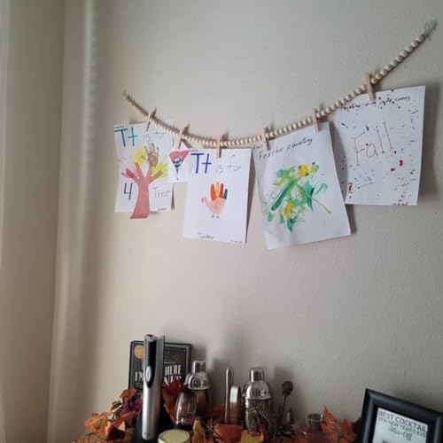 Wood Bead Photo Garland with 7 Clips | 48" Kids Art Display