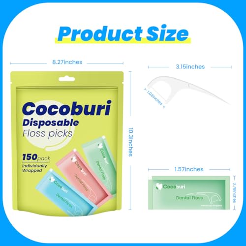 COCOBURI 150 Count Dental Floss Picks - Individually Wrapped, BPA Free