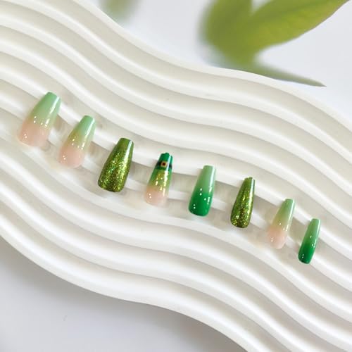 GCSQW St. Patrick's Day Glitter Nails - 11 Glitter Design Fake Coffin Nails, Green Gradient with Hat, Press-On 24pcs
