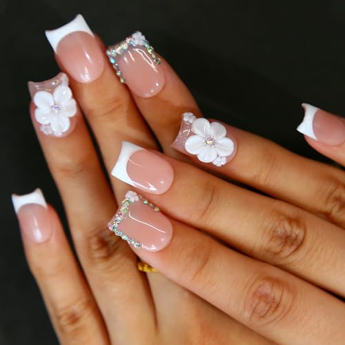 ARTIXY Short Square Press On Nails, Reusable French 3D Acrylic Fake Nails