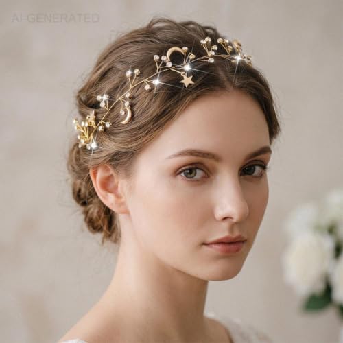Gold Moon Headpiece Rhinestone Hair Vine for Brides