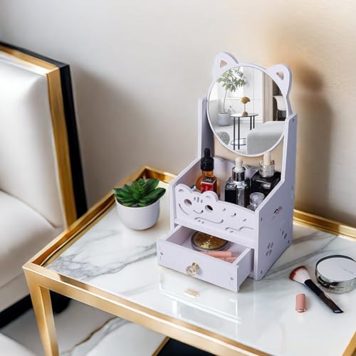 BEAULOOK Rotating Makeup Organizer with Mirror and Drawer, Compact Vanity Case