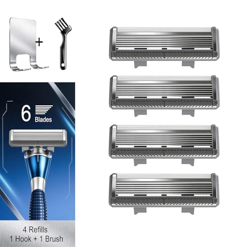 FYNEDGE Men's 6-Blade Razor & Top Trimmer Set with 4 Refills, Handle & Hook