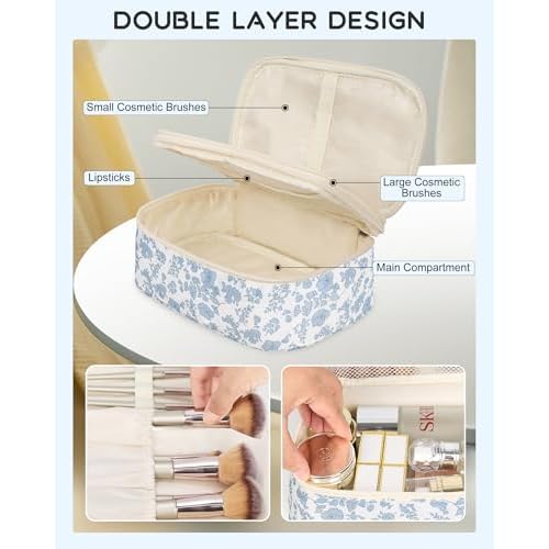 Relavel Travel Makeup Bag, Small Floral Cosmetic Bag with Makeup Brush Compartment, Portable Makeup Pouch for Women, Double Layer Makeup Organizer Bag Cute Toiletry Bag
