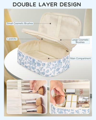 Relavel Travel Makeup Bag - Double Layer Compact Cosmetic Organizer