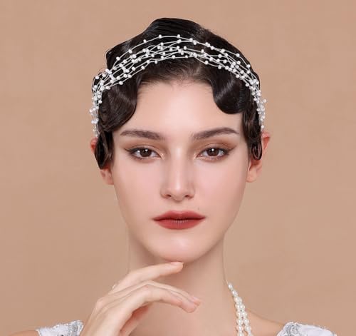 BABEYOND Silver Pearl Bridal Headpiece with Lace Ribbon