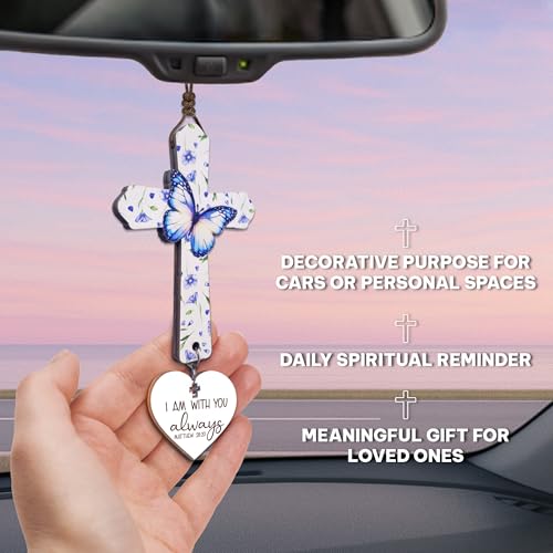 Christian Cross Car Mirror Charm with Blue Rose Butterfly