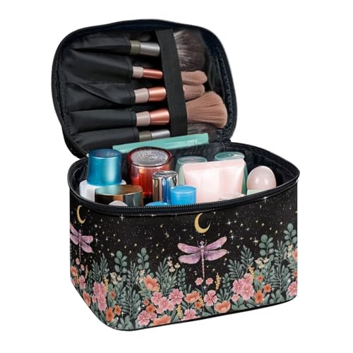 Dragonfly Floral Moon Makeup Bag - Large Capacity Travel Cosmetic Case